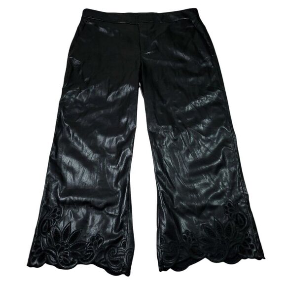 Chico's Faux Leather Cutwork Hem Trousers Wide Leg Ankle Pants Black Size 16 - Picture 1 of 12